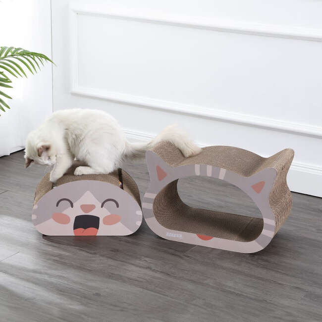 Opal 19" Cardboard Happy Cat Head 2-in-1 Cat Cave Scratcher with Built In Bell Toys and Catnip, Muted Pink/Cream - Pet Accessories - 3