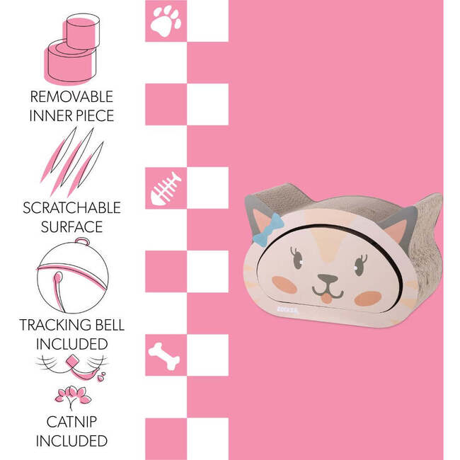Opal 19" Cardboard Happy Cat Head 2-in-1 Cat Cave Scratcher with Built In Bell Toys and Catnip, Cream/Peach - Pet Accessories - 5