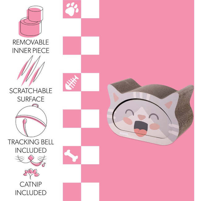 Opal 19" Cardboard Happy Cat Head 2-in-1 Cat Cave Scratcher with Built In Bell Toys and Catnip, Muted Pink/Cream - Pet Accessories - 5