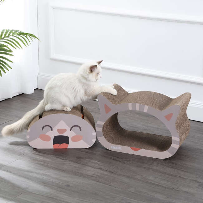 Opal 19" Cardboard Happy Cat Head 2-in-1 Cat Cave Scratcher with Built In Bell Toys and Catnip, Muted Pink/Cream - Pet Accessories - 7