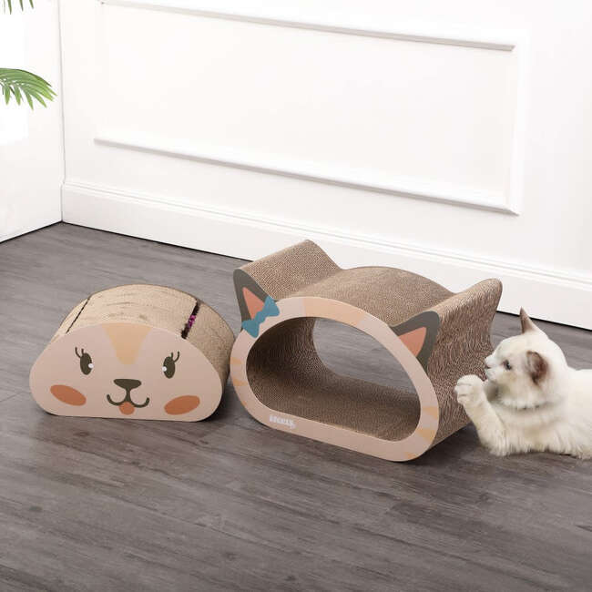 Opal 19" Cardboard Happy Cat Head 2-in-1 Cat Cave Scratcher with Built In Bell Toys and Catnip, Cream/Peach - Pet Accessories - 7