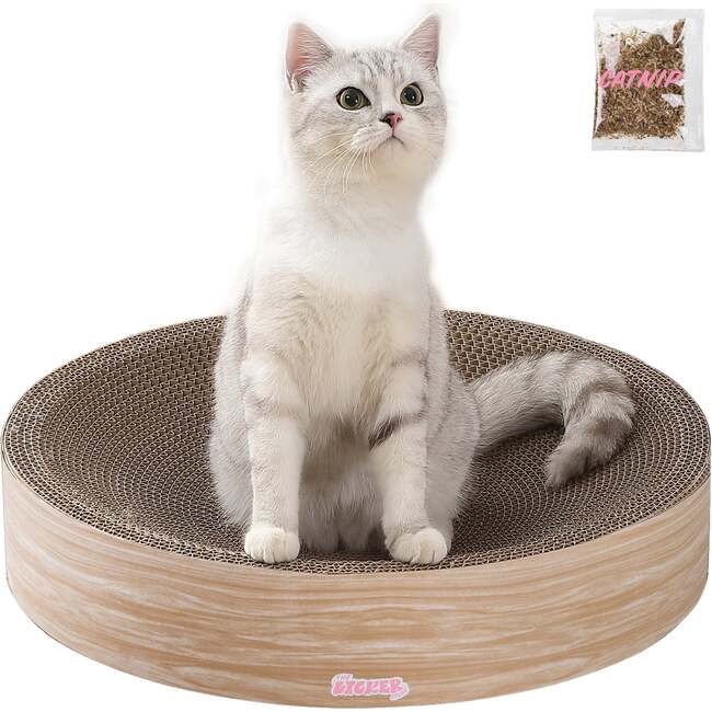 Nelson 20.13" Cardboard Round Bowl Cat Scratcher with Catnip, Oak Wood