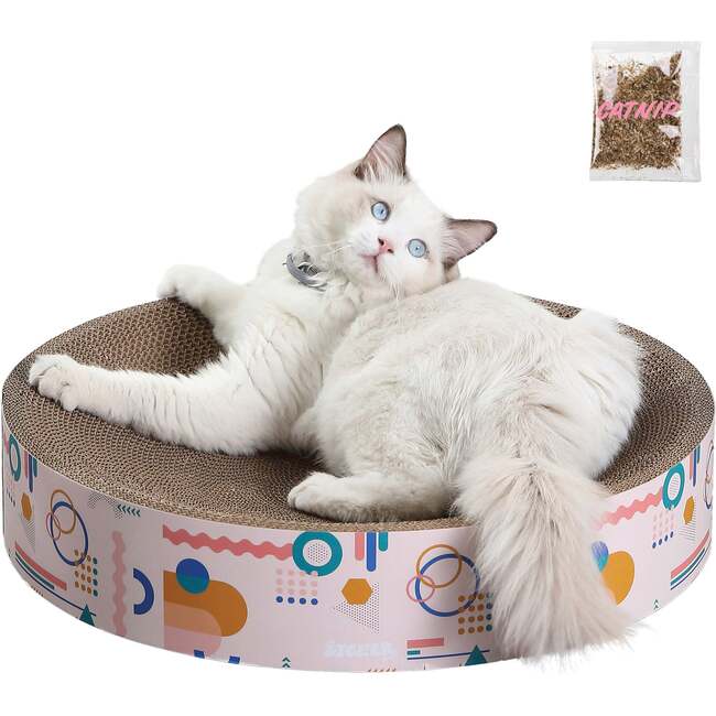 Nelson 20.13" Cardboard Round Bowl Cat Scratcher with Catnip, Light Pink/Multi