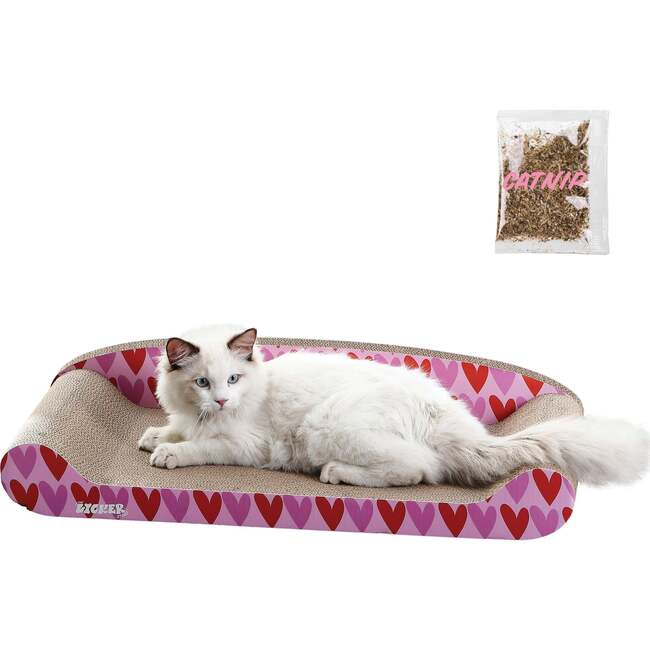 Montego 27.5" Patterned Cardboard Lounge Bed Cat Scratcher with Catnip, Pink/Red