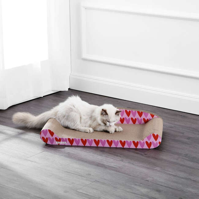 Montego 27.5" Patterned Cardboard Lounge Bed Cat Scratcher with Catnip, Pink/Red - Pet Accessories - 3