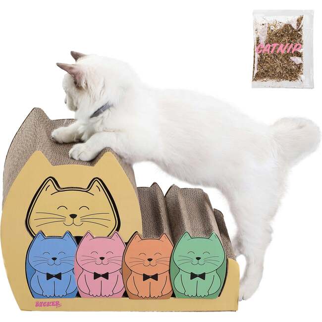 Kazoku 15.63" Cardboard 5 in 1 Family Cat Cave Scratcher with Catnip and Pull Out Design, Multi Colored