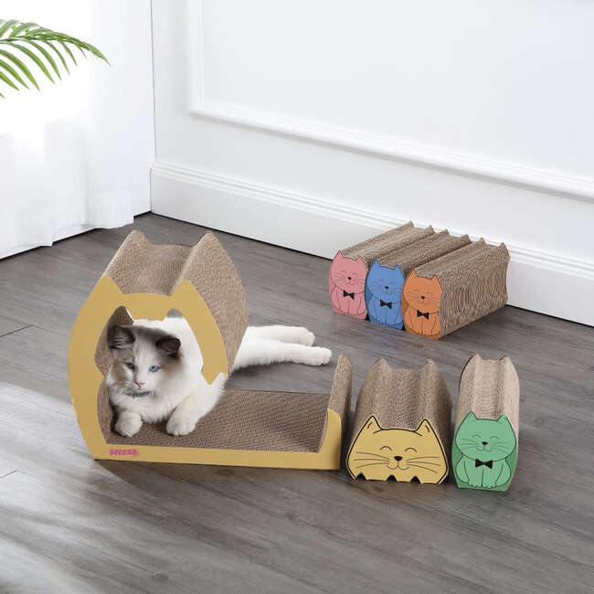 Kazoku 15.63" Cardboard 5 in 1 Family Cat Cave Scratcher with Catnip and Pull Out Design, Multi Colored - Pet Accessories - 2