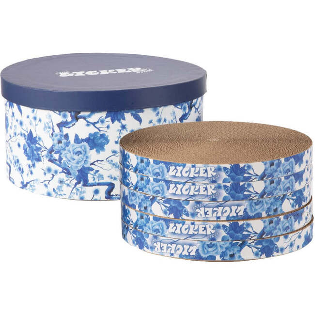 Kate 12" Patterned Cardboard Reversible Cat Scratcher Pad In Box with Catnip, Blue/White (5 Pack)