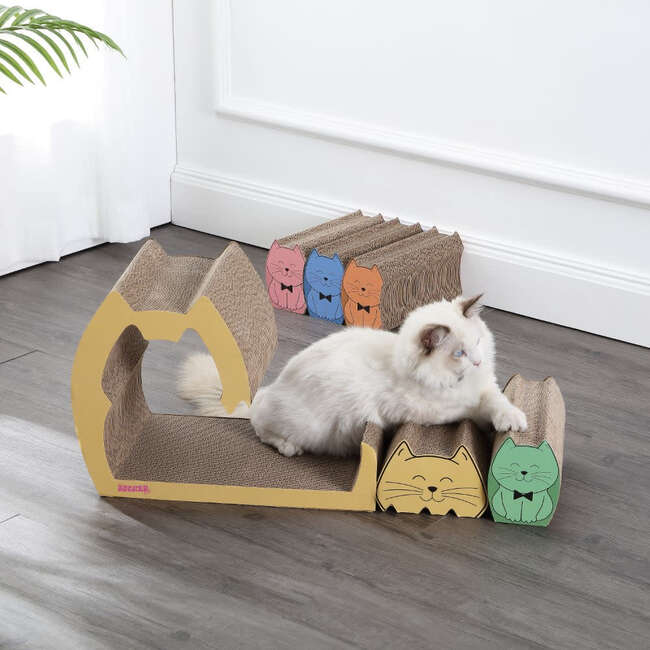 Kazoku 15.63" Cardboard 5 in 1 Family Cat Cave Scratcher with Catnip and Pull Out Design, Multi Colored - Pet Accessories - 7