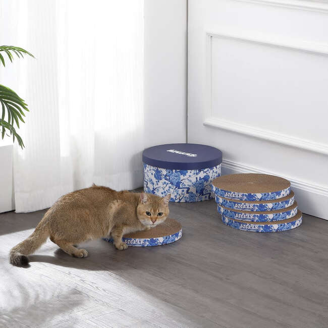 Kate 12" Patterned Cardboard Reversible Cat Scratcher Pad In Box with Catnip, Blue/White (5 Pack) - Pet Accessories - 2