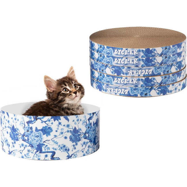 Kate 12" Patterned Cardboard Reversible Cat Scratcher Pad In Box with Catnip, Blue/White (5 Pack) - Pet Accessories - 3