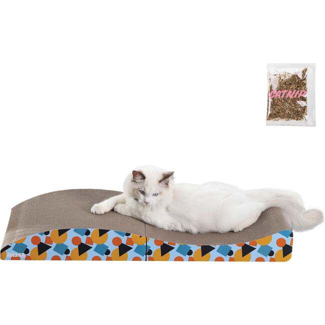 Eero 32" Cardboard Foldable Lounge Cat Scratcher with Catnip, Blue/Orange