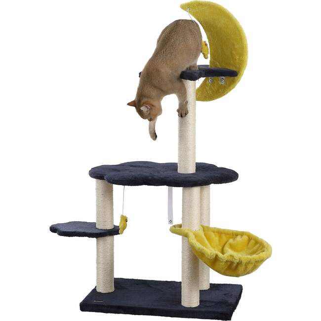 Aurora 49" 3 Tier Sisal Moon And Stars Cat Tree with Scratching Posts, Basket, and Fuzzy Bell Toys, Navy/Yellow/White