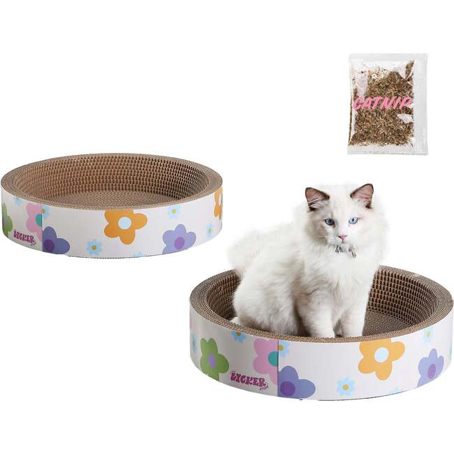 Daisy 18.13" Cardboard Bowl Cat Scratcher with Catnip, White/Multi (Set of 2)