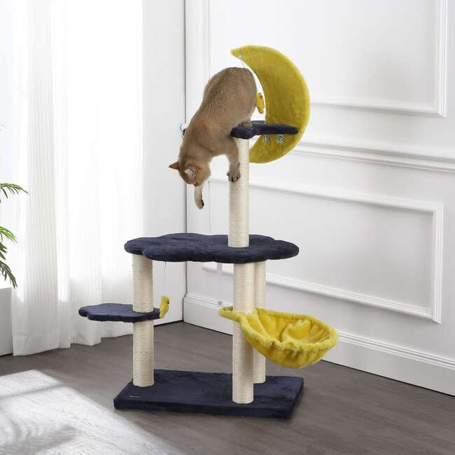 Aurora 49" 3 Tier Sisal Moon And Stars Cat Tree with Scratching Posts, Basket, and Fuzzy Bell Toys, Navy/Yellow/White - Pet Accessories - 2