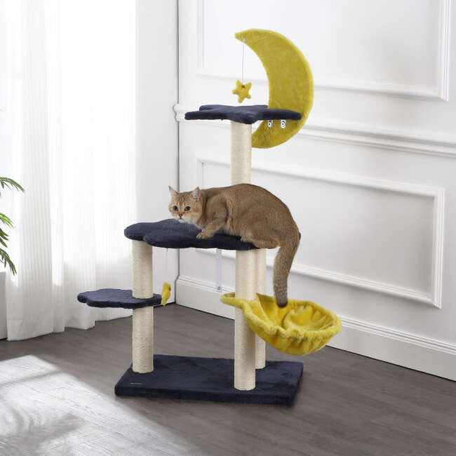 Aurora 49" 3 Tier Sisal Moon And Stars Cat Tree with Scratching Posts, Basket, and Fuzzy Bell Toys, Navy/Yellow/White - Pet Accessories - 3