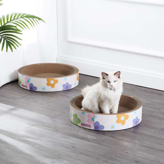 Daisy 18.13" Cardboard Bowl Cat Scratcher with Catnip, White/Multi (Set of 2) - Pet Accessories - 3