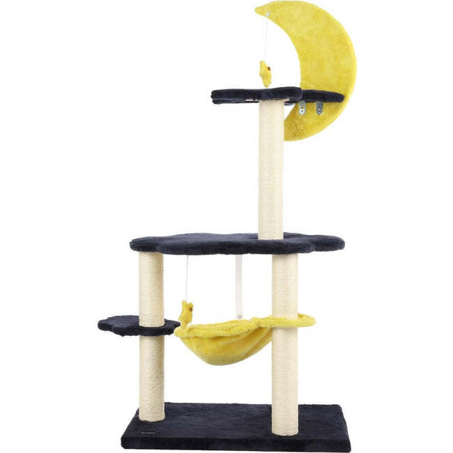 Aurora 49" 3 Tier Sisal Moon And Stars Cat Tree with Scratching Posts, Basket, and Fuzzy Bell Toys, Navy/Yellow/White - Pet Accessories - 4
