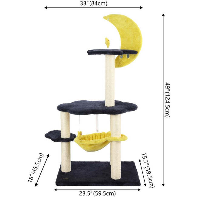 Aurora 49" 3 Tier Sisal Moon And Stars Cat Tree with Scratching Posts, Basket, and Fuzzy Bell Toys, Navy/Yellow/White - Pet Accessories - 5