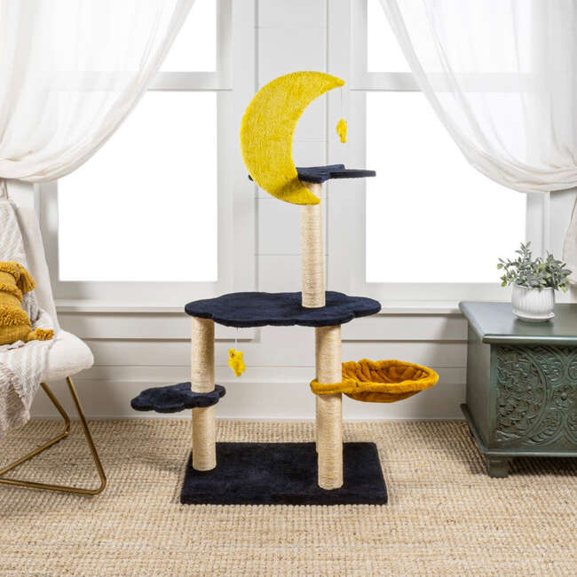 Aurora 49" 3 Tier Sisal Moon And Stars Cat Tree with Scratching Posts, Basket, and Fuzzy Bell Toys, Navy/Yellow/White - Pet Accessories - 6