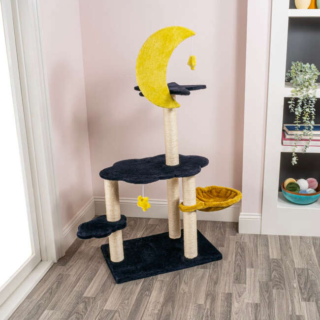 Aurora 49" 3 Tier Sisal Moon And Stars Cat Tree with Scratching Posts, Basket, and Fuzzy Bell Toys, Navy/Yellow/White - Pet Accessories - 7