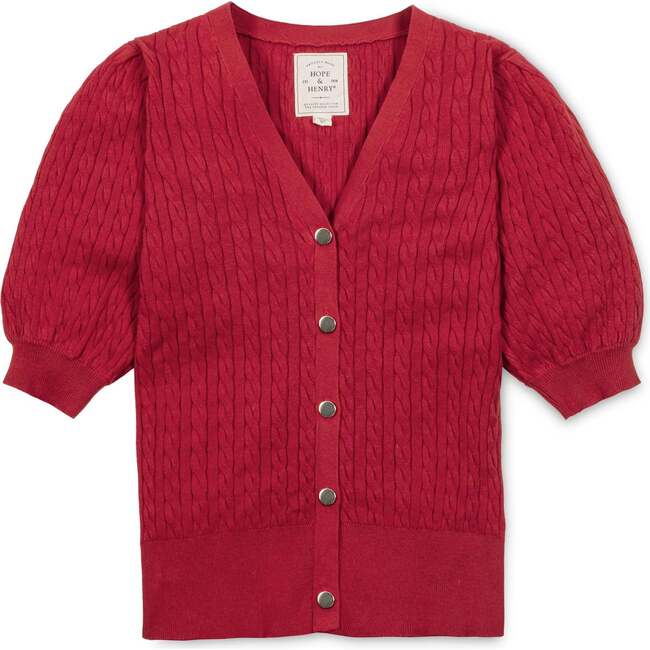 Organic Puff Sleeve Button Front Sweater, Red Cable