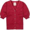 Organic Puff Sleeve Button Front Sweater, Red Cable - Cardigans - 1 - thumbnail