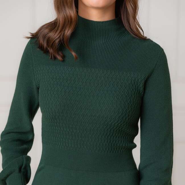Organic Mock Neck Bodice Stitch Sweater Dress, Deep Green - Dresses - 2