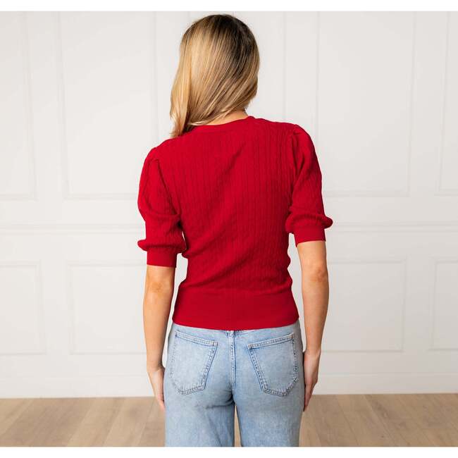Organic Puff Sleeve Button Front Sweater, Red Cable - Cardigans - 3