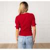 Organic Puff Sleeve Button Front Sweater, Red Cable - Cardigans - 3