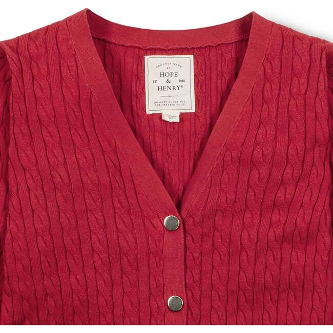 Organic Puff Sleeve Button Front Sweater, Red Cable - Cardigans - 4