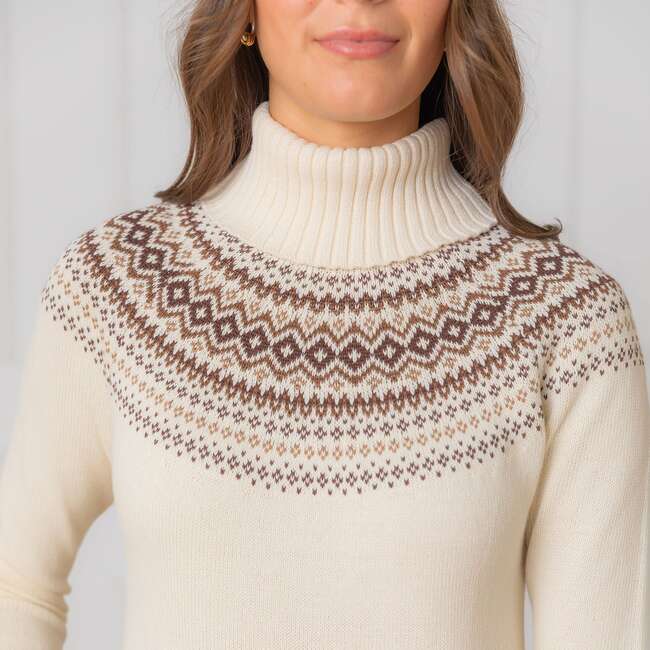Organic Long Sleeve Turtleneck Intarsia Sweater Dress, Ivory Fireside Fair Isle - Dresses - 2