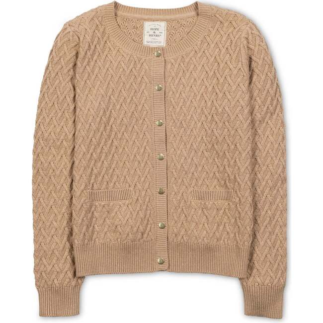 Organic Herringbone Stitch Cardigan Sweater, Camel Heather