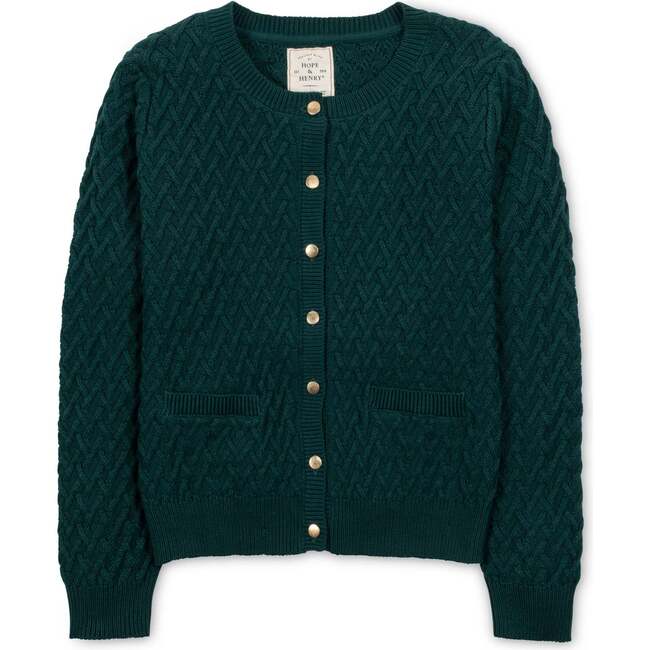 Organic Herringbone Stitch Cardigan Sweater, Deep Green