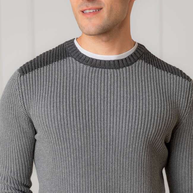 Men's Organic Crew Neck Shoulder Detail Sweater, Gray Heather Colorblock - Sweaters - 2