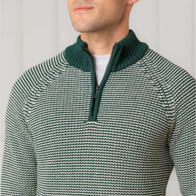 Men's Organic Half Zip Ski Pullover Sweater, Deep Green Stripe - Sweaters - 2