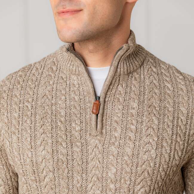 Men's Organic Half Zip Cable Pullover Sweater, Taupe Marl Cable - Sweaters - 2