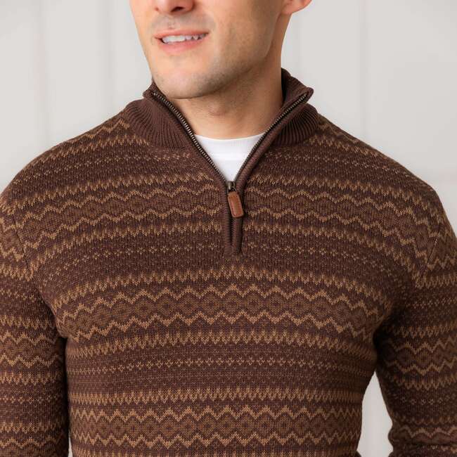 Men's Organic Half Zip Intarsia Pullover Sweater, Chocolate Fireside Fair Isle - Sweaters - 2