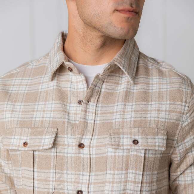 Men's Organic Flannel Double Pocket Button Down Shirt, Taupe Heirloom Plaid - Button Downs - 2