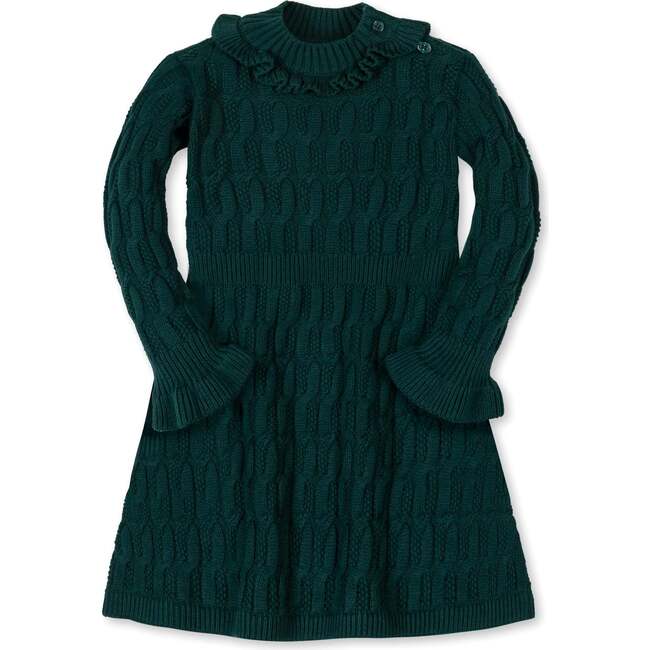 Organic Ruffle Edge Cable Knit Sweater Dress, Deep Green Cable