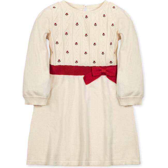 Organic Embroidered Skater Sweater Dress with Bow, Ivory with Red Flowers
