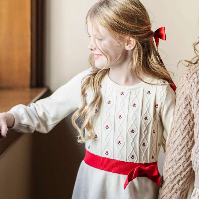 Organic Embroidered Skater Sweater Dress with Bow, Ivory with Red Flowers - Dresses - 2