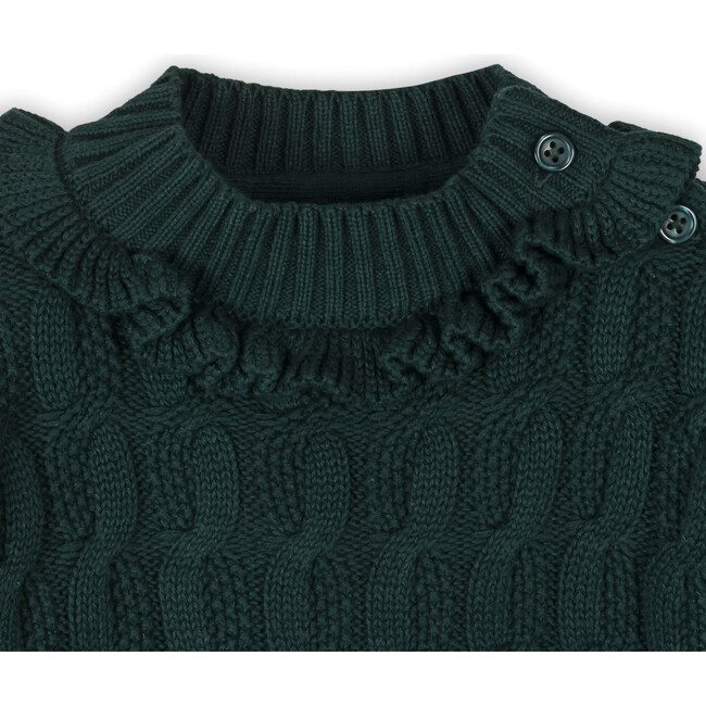 Organic Ruffle Edge Cable Knit Sweater Dress, Deep Green Cable - Dresses - 3