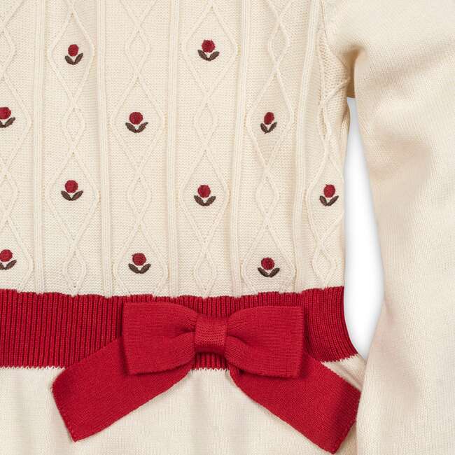 Organic Embroidered Skater Sweater Dress with Bow, Ivory with Red Flowers - Dresses - 3