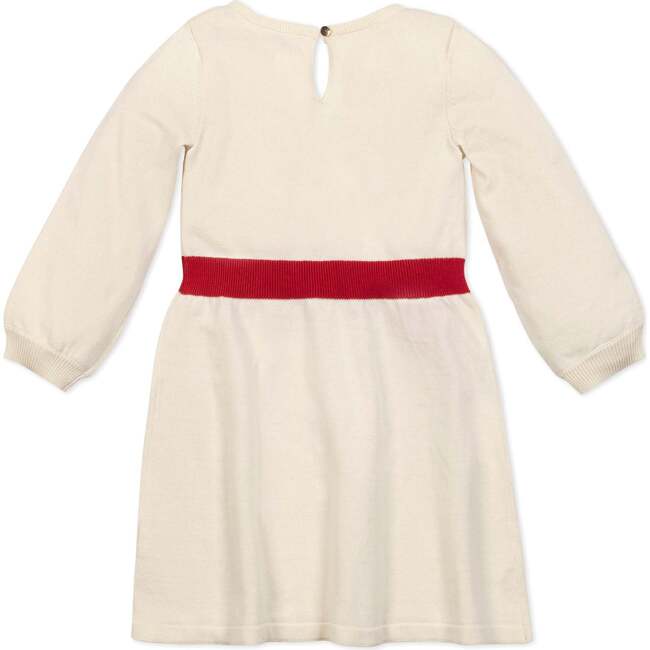 Organic Embroidered Skater Sweater Dress with Bow, Ivory with Red Flowers - Dresses - 4