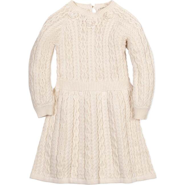 Baby Organic Rosette Detail Cable Knit Sweater Dress, Ivory Cable with Rosettes