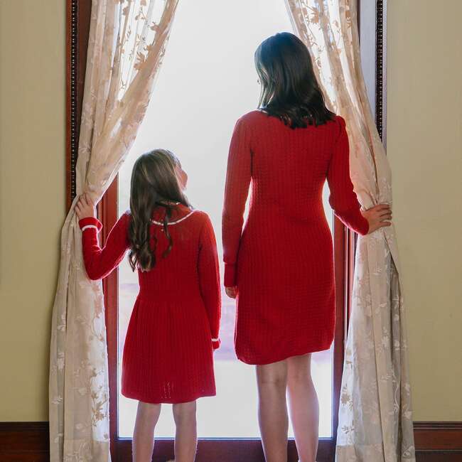Baby Organic Mock Neck Ruffle Cuff Cable Sweater Dress, Red Cable - Dresses - 3