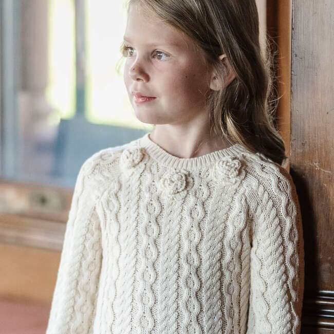Baby Organic Rosette Detail Cable Knit Sweater Dress, Ivory Cable with Rosettes - Dresses - 2