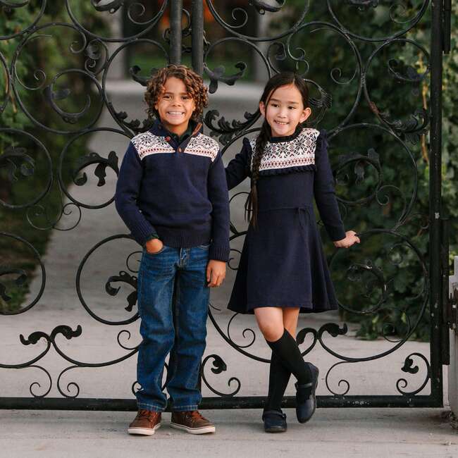 Baby Organic Ruffle Collar Fair Isle Yoke Sweater Dress, Scottish Snowflake - Dresses - 2