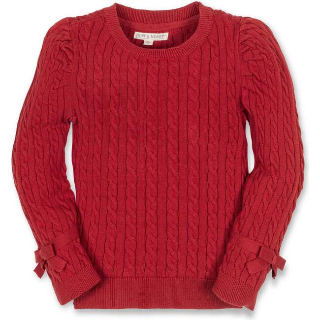 Baby Organic Long Puff Sleeve Sweater with Bow Detail, Red Cable